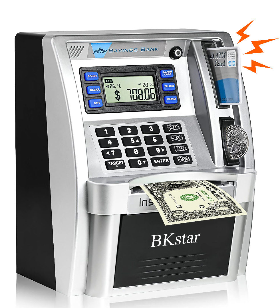 2022 Upgraded Kids Talking Piggy Bank, ATM Savings Toy Bank for Real Money with Real Voice Prompt, Deposit, Withdraw, Debit Card, Saving Target, Timer and Clock